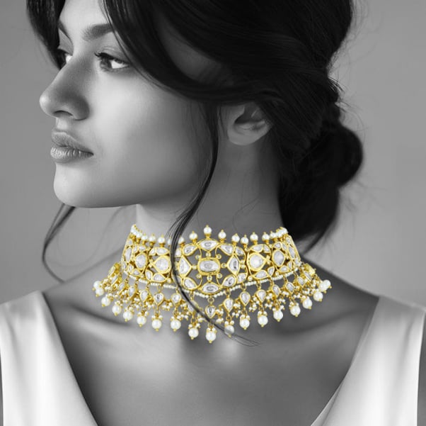 Polki Lattice Choker with Gold Framing & Pearl Cascades